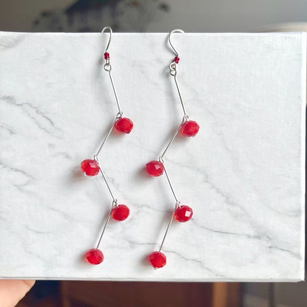 Ruby Red and Silver Branching Gravity Earrings